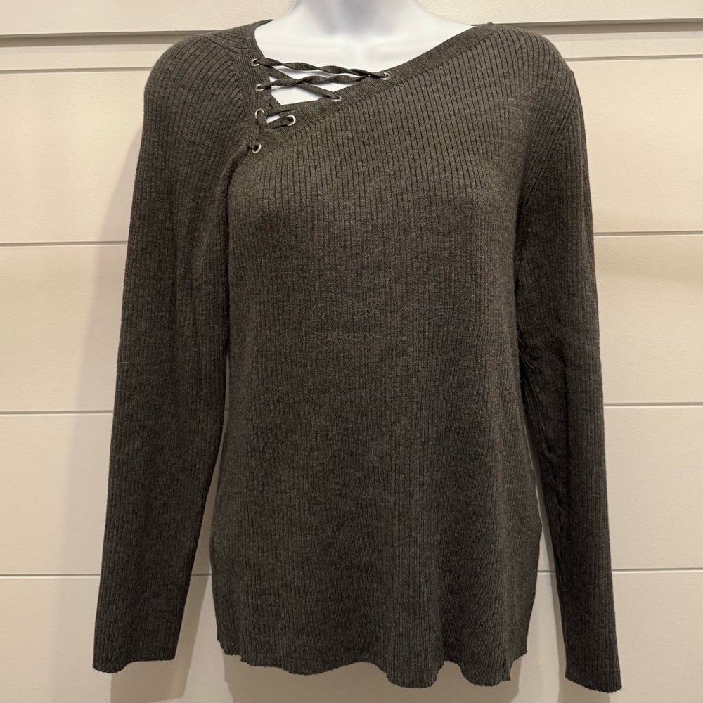 INC International Concepts Charcoal Lace-Up Sweater, Women’s L